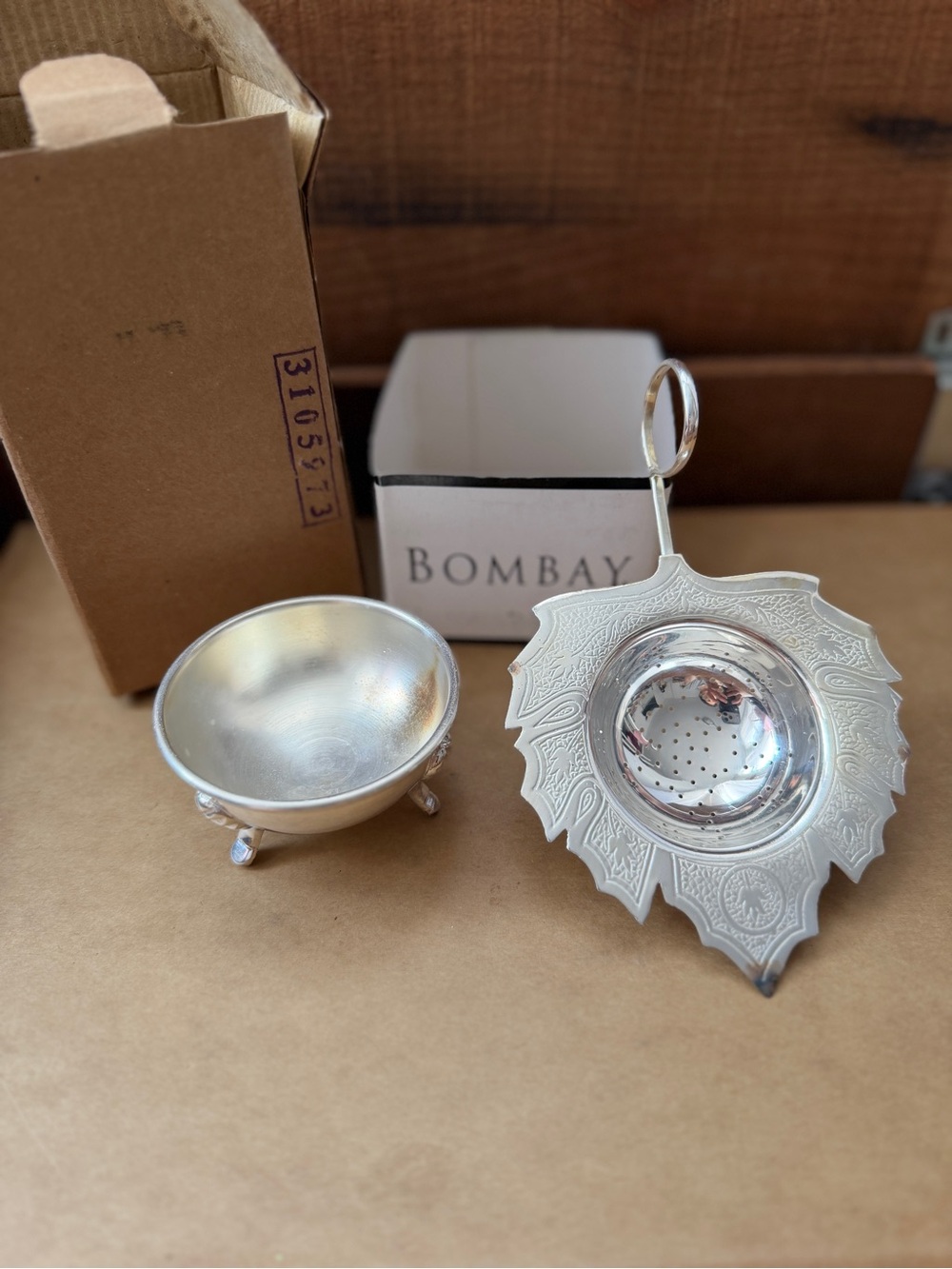 NOS vintage bombay co silver plated leaf tea strainer
